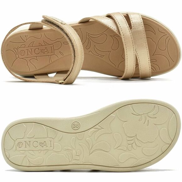 ONCAI Sandals Orthotic Arch Support Leather Lightweight Comfort Gold/Khaki Sz 9 - Picture 1 of 16